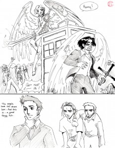 Page 189 de Roommates, où nos héros sont victimes d'une invasion de zombies. Reconnaissez vous les 4 fandoms ? x)